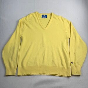 Vintage Champion V-Neck Sweater Yellow Made in USA Mens XL Retro Knit Pullover